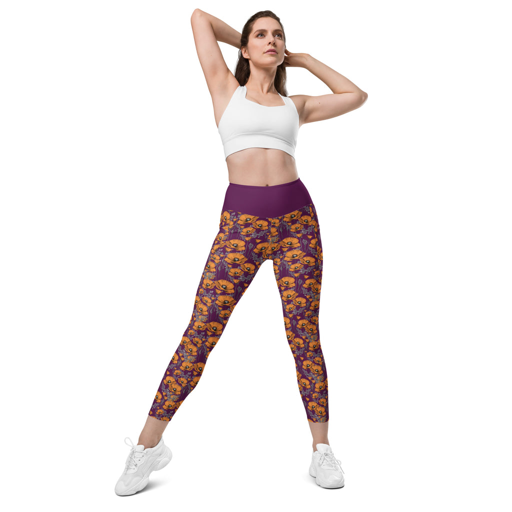 California Poppies Leggings with Pockets - Purple