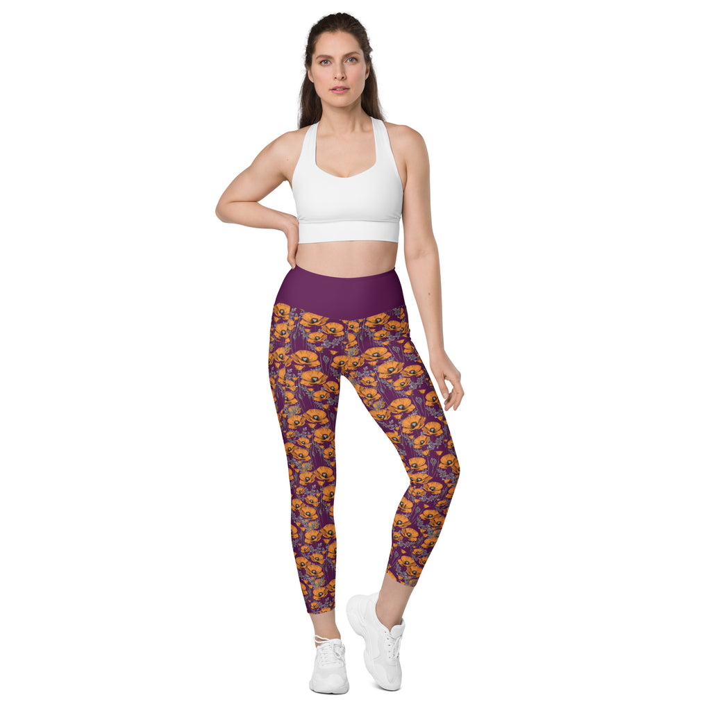 California Poppies Leggings with Pockets - Purple