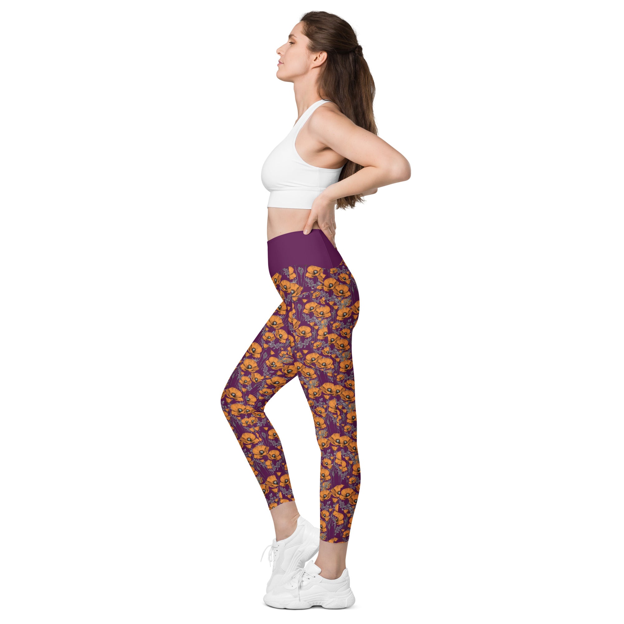California Poppies Leggings with Pockets - Purple