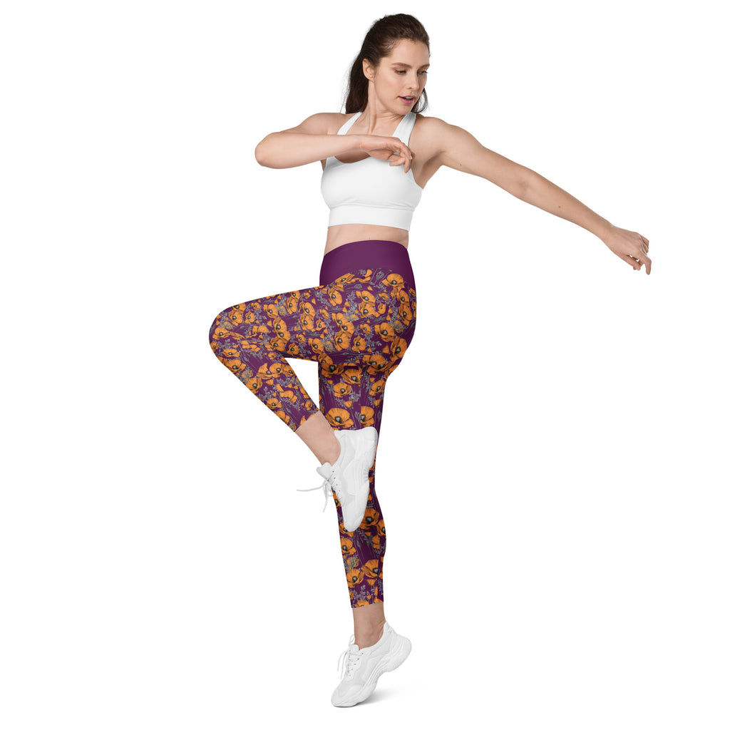 California Poppies Leggings with Pockets - Purple