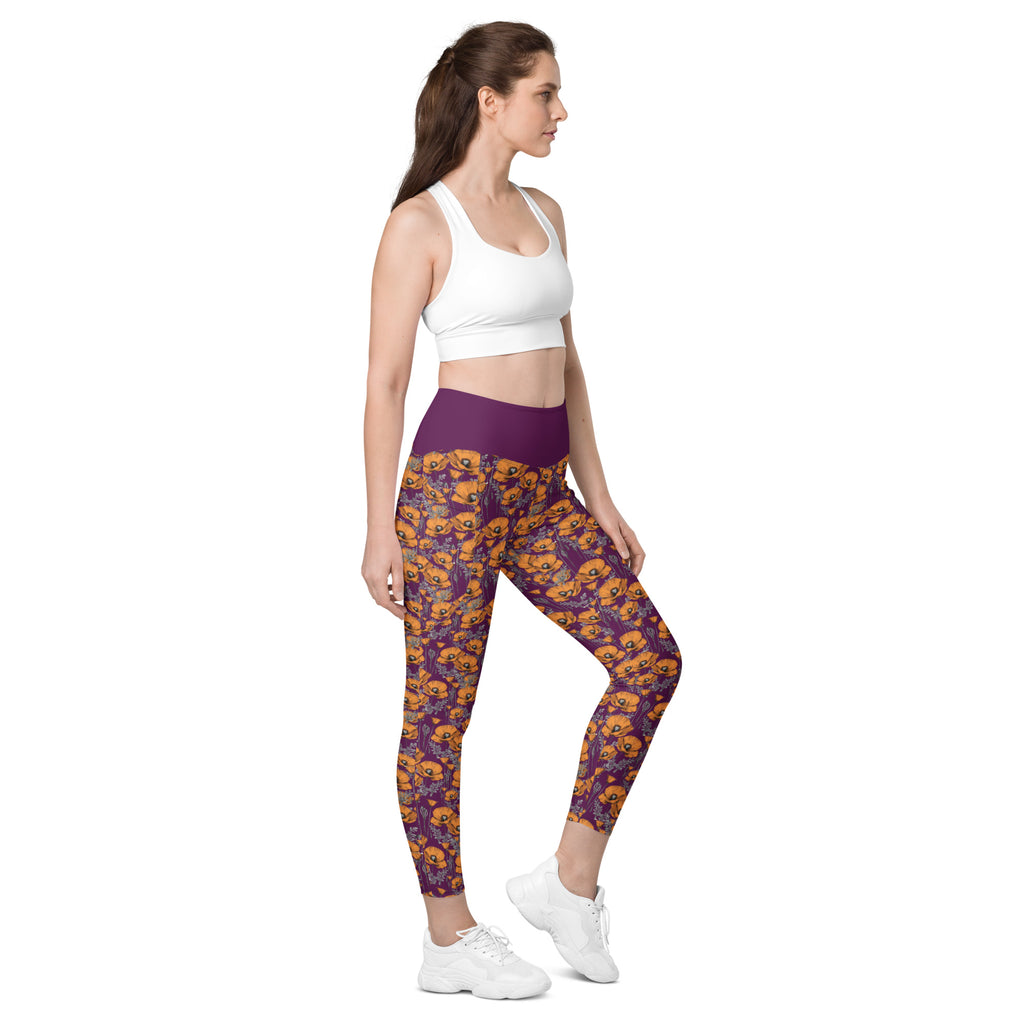 California Poppies Leggings with Pockets - Purple
